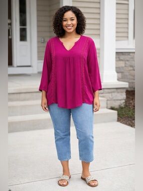 Embroidered V Neck 3/4 Sleeve Tunic Top Sz 2X Boho Chic Lagenlook NWT